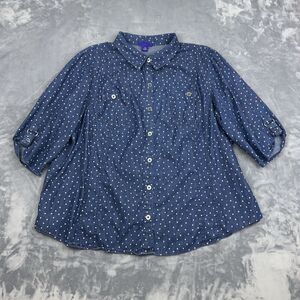Catherines Top Womens Size 2X Blue Chambray Button Up Shirt Star 3/4 Sleeves